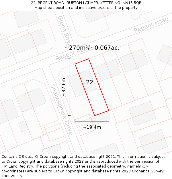 22, REGENT ROAD, BURTON LATIMER, KETTERING, NN15 5QR: Plot and title map