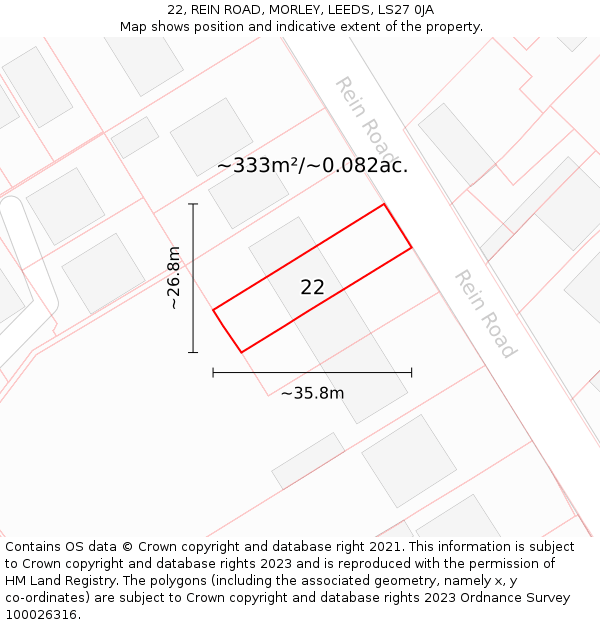 22, REIN ROAD, MORLEY, LEEDS, LS27 0JA: Plot and title map
