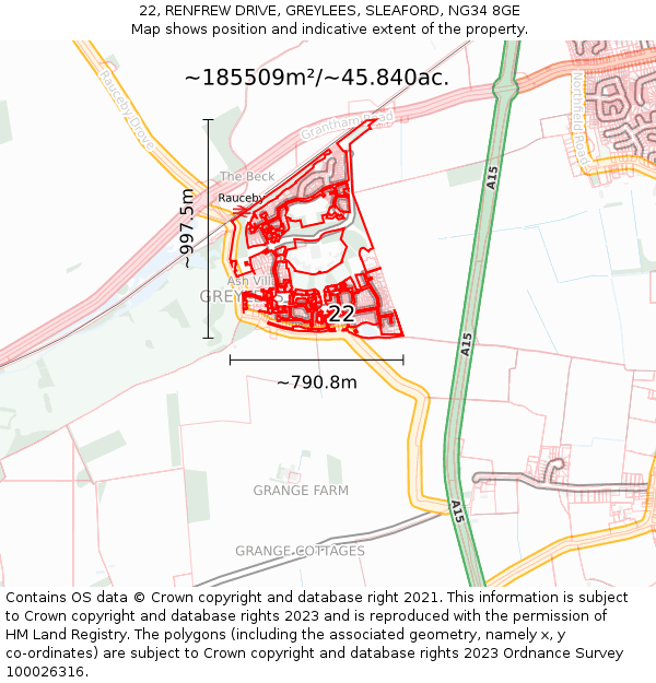 22, RENFREW DRIVE, GREYLEES, SLEAFORD, NG34 8GE: Plot and title map