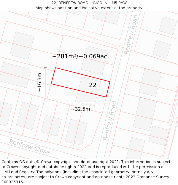 22, RENFREW ROAD, LINCOLN, LN5 9AW: Plot and title map