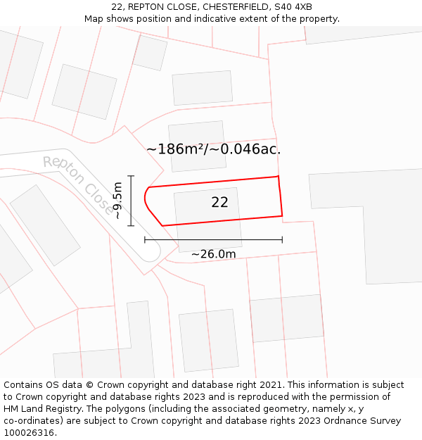 22, REPTON CLOSE, CHESTERFIELD, S40 4XB: Plot and title map