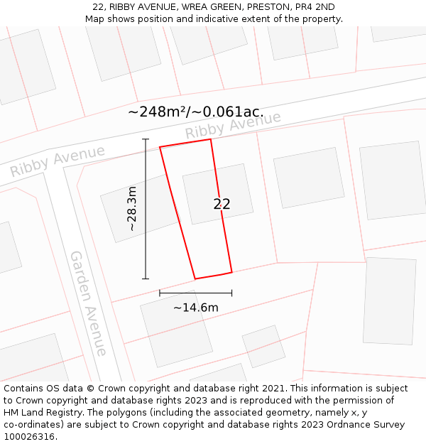 22, RIBBY AVENUE, WREA GREEN, PRESTON, PR4 2ND: Plot and title map