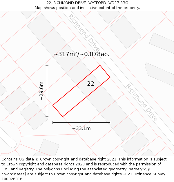 22, RICHMOND DRIVE, WATFORD, WD17 3BG: Plot and title map
