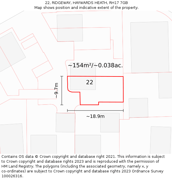 22, RIDGEWAY, HAYWARDS HEATH, RH17 7GB: Plot and title map