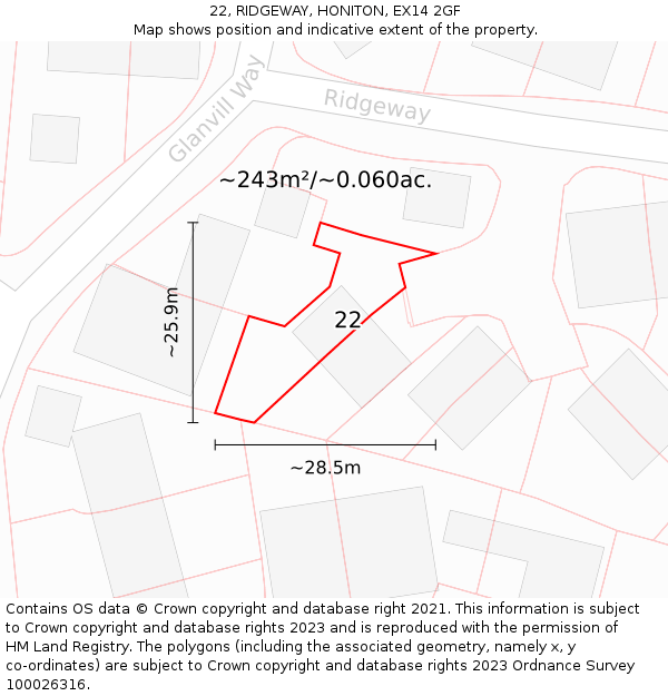 22, RIDGEWAY, HONITON, EX14 2GF: Plot and title map
