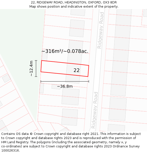 22, RIDGEWAY ROAD, HEADINGTON, OXFORD, OX3 8DR: Plot and title map