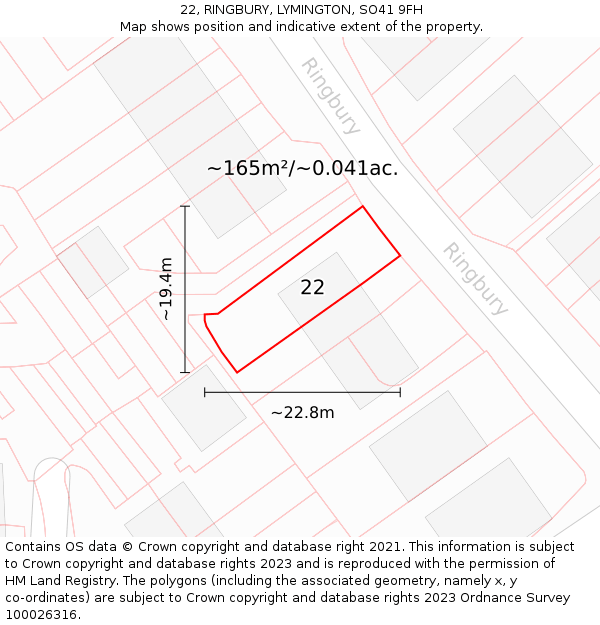 22, RINGBURY, LYMINGTON, SO41 9FH: Plot and title map