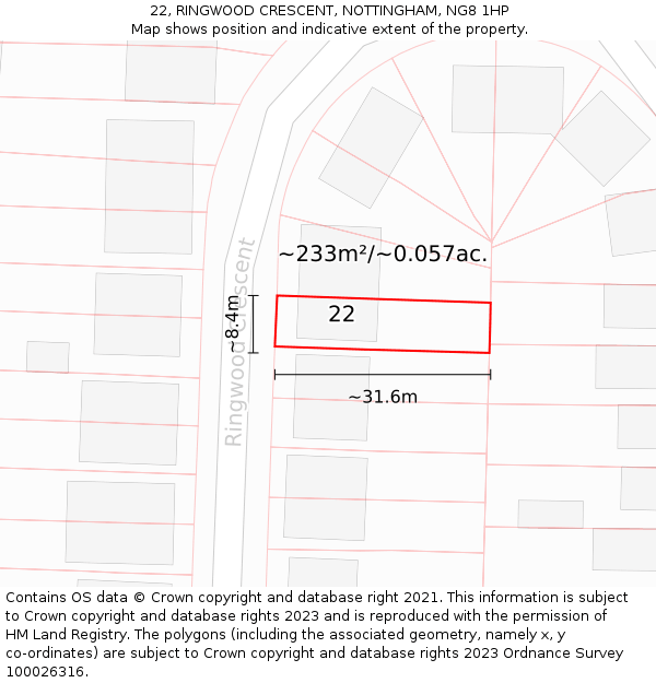 22, RINGWOOD CRESCENT, NOTTINGHAM, NG8 1HP: Plot and title map