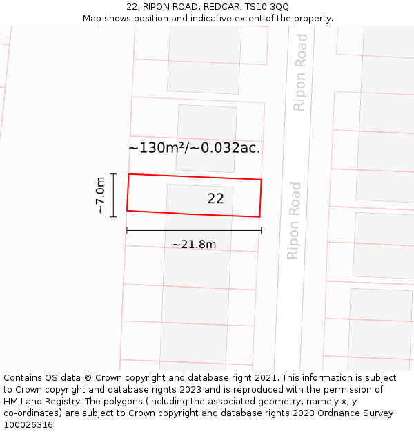 22, RIPON ROAD, REDCAR, TS10 3QQ: Plot and title map