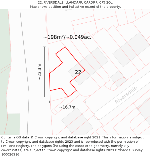 22, RIVERSDALE, LLANDAFF, CARDIFF, CF5 2QL: Plot and title map