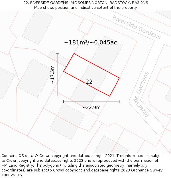 22, RIVERSIDE GARDENS, MIDSOMER NORTON, RADSTOCK, BA3 2NS: Plot and title map