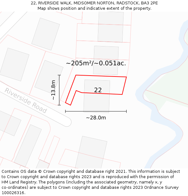 22, RIVERSIDE WALK, MIDSOMER NORTON, RADSTOCK, BA3 2PE: Plot and title map
