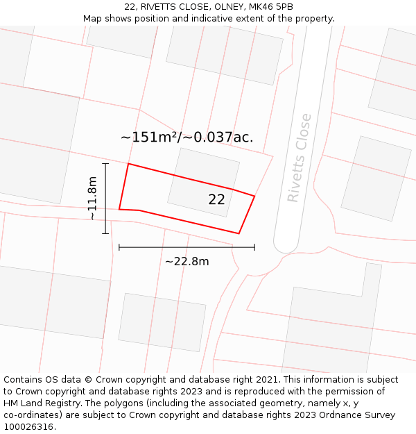 22, RIVETTS CLOSE, OLNEY, MK46 5PB: Plot and title map