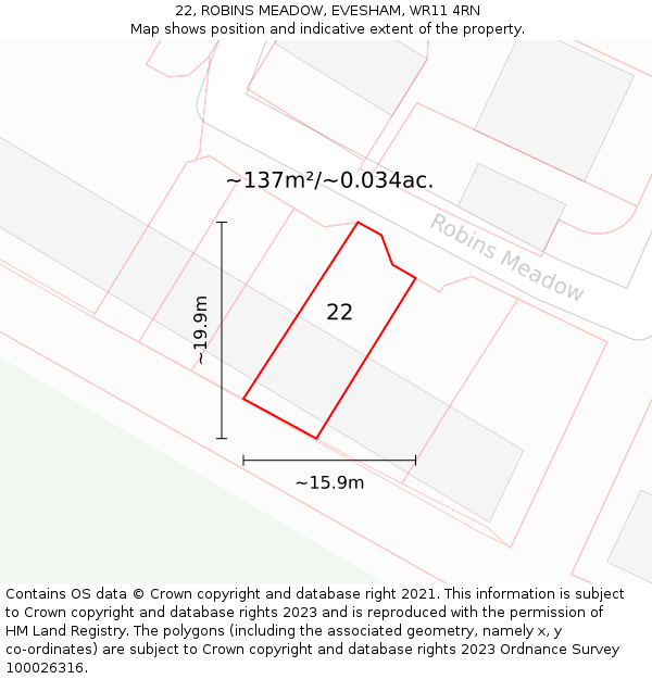 22, ROBINS MEADOW, EVESHAM, WR11 4RN: Plot and title map