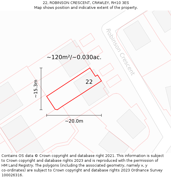 22, ROBINSON CRESCENT, CRAWLEY, RH10 3ES: Plot and title map