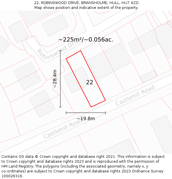 22, ROBINSWOOD DRIVE, BRANSHOLME, HULL, HU7 4ZD: Plot and title map