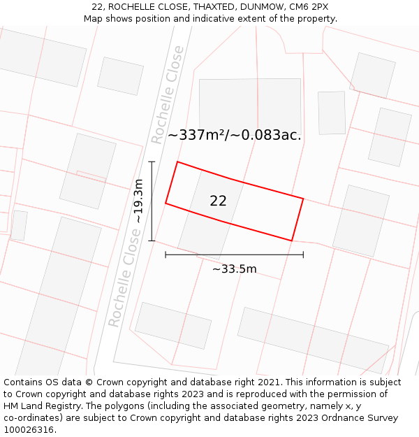 22, ROCHELLE CLOSE, THAXTED, DUNMOW, CM6 2PX: Plot and title map