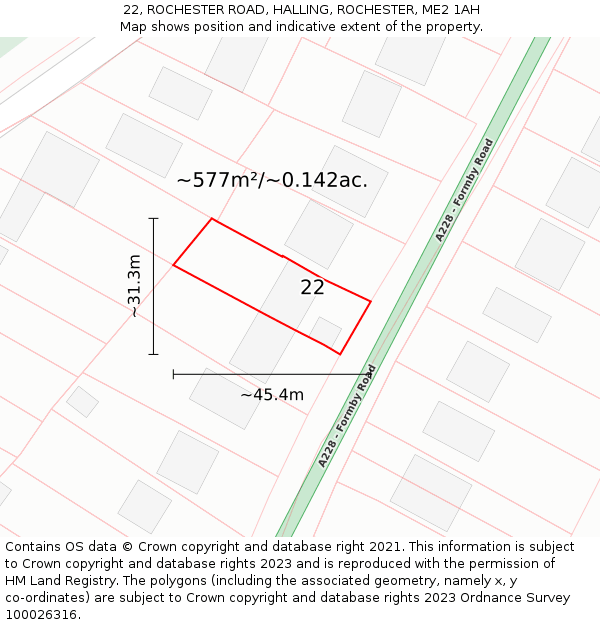 22, ROCHESTER ROAD, HALLING, ROCHESTER, ME2 1AH: Plot and title map