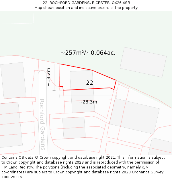 22, ROCHFORD GARDENS, BICESTER, OX26 4SB: Plot and title map