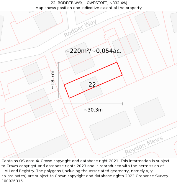 22, RODBER WAY, LOWESTOFT, NR32 4WJ: Plot and title map