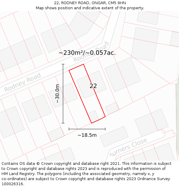 22, RODNEY ROAD, ONGAR, CM5 9HN: Plot and title map