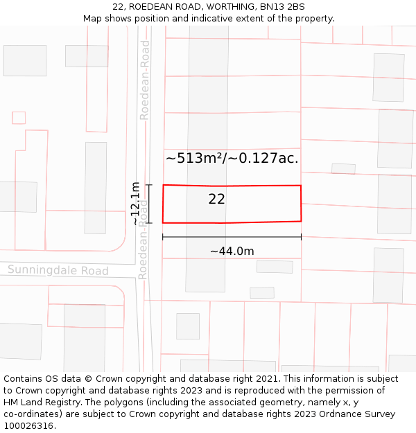 22, ROEDEAN ROAD, WORTHING, BN13 2BS: Plot and title map