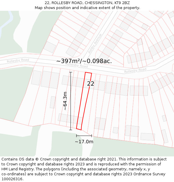 22, ROLLESBY ROAD, CHESSINGTON, KT9 2BZ: Plot and title map