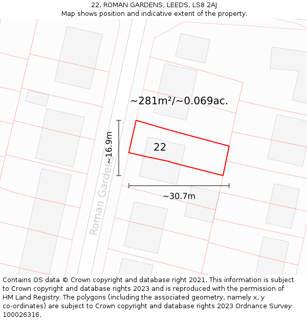 22, ROMAN GARDENS, LEEDS, LS8 2AJ: Plot and title map