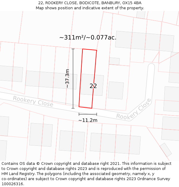 22, ROOKERY CLOSE, BODICOTE, BANBURY, OX15 4BA: Plot and title map