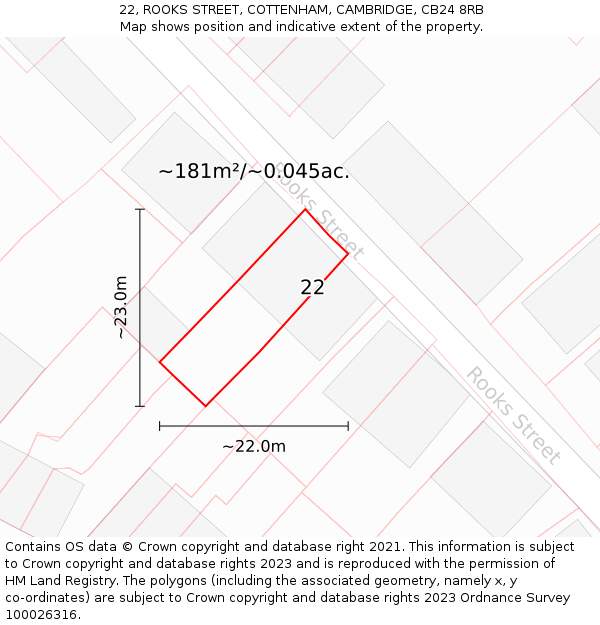 22, ROOKS STREET, COTTENHAM, CAMBRIDGE, CB24 8RB: Plot and title map