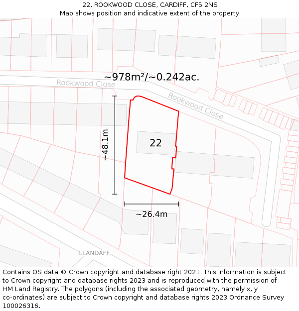22, ROOKWOOD CLOSE, CARDIFF, CF5 2NS: Plot and title map