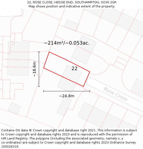 22, ROSE CLOSE, HEDGE END, SOUTHAMPTON, SO30 2GR: Plot and title map