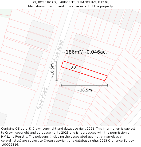 22, ROSE ROAD, HARBORNE, BIRMINGHAM, B17 9LJ: Plot and title map