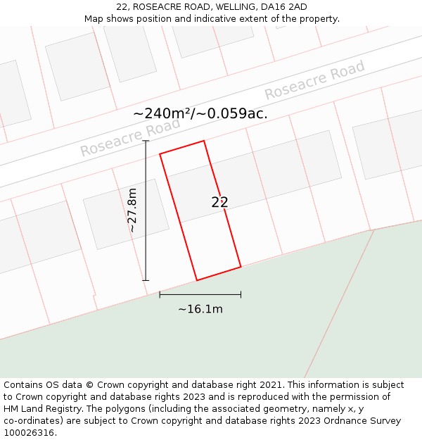 22, ROSEACRE ROAD, WELLING, DA16 2AD: Plot and title map