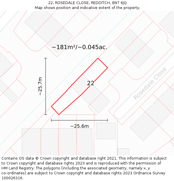 22, ROSEDALE CLOSE, REDDITCH, B97 6JQ: Plot and title map