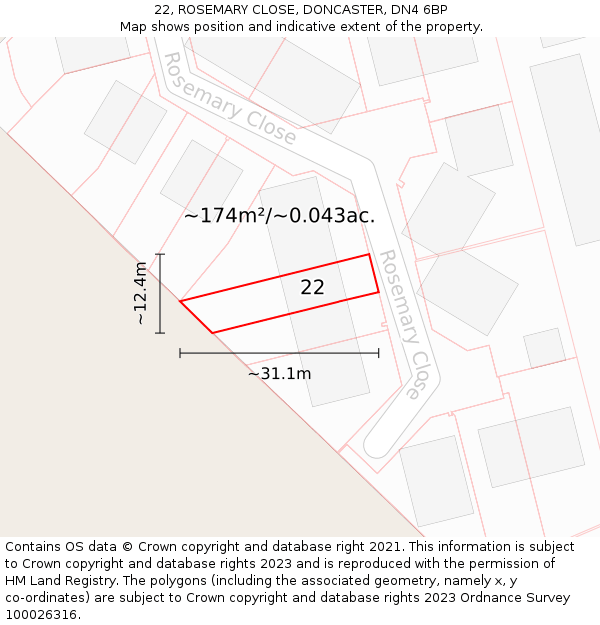 22, ROSEMARY CLOSE, DONCASTER, DN4 6BP: Plot and title map