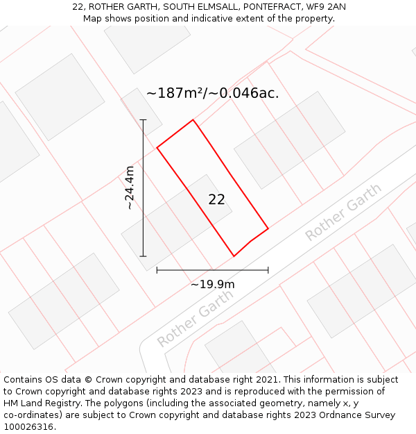 22, ROTHER GARTH, SOUTH ELMSALL, PONTEFRACT, WF9 2AN: Plot and title map