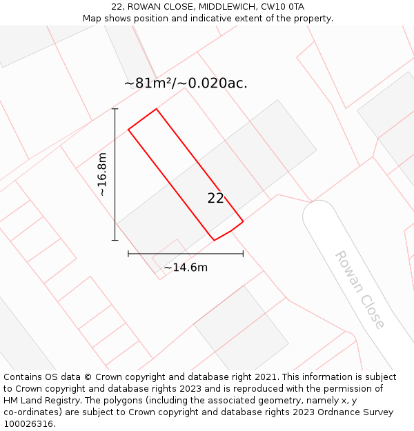 22, ROWAN CLOSE, MIDDLEWICH, CW10 0TA: Plot and title map