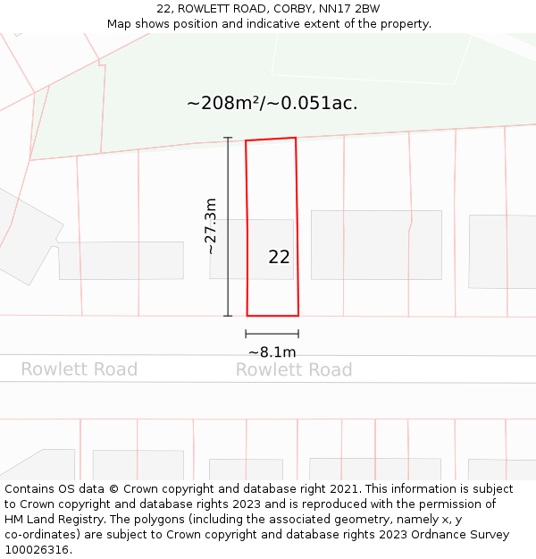 22, ROWLETT ROAD, CORBY, NN17 2BW: Plot and title map