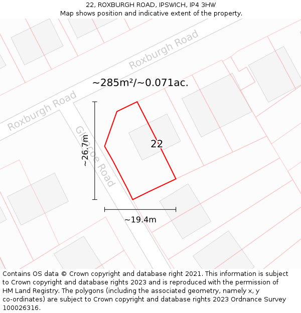 22, ROXBURGH ROAD, IPSWICH, IP4 3HW: Plot and title map