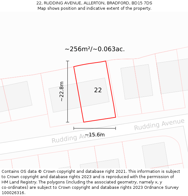 22, RUDDING AVENUE, ALLERTON, BRADFORD, BD15 7DS: Plot and title map
