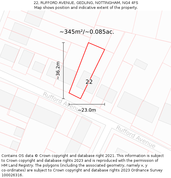 22, RUFFORD AVENUE, GEDLING, NOTTINGHAM, NG4 4FS: Plot and title map