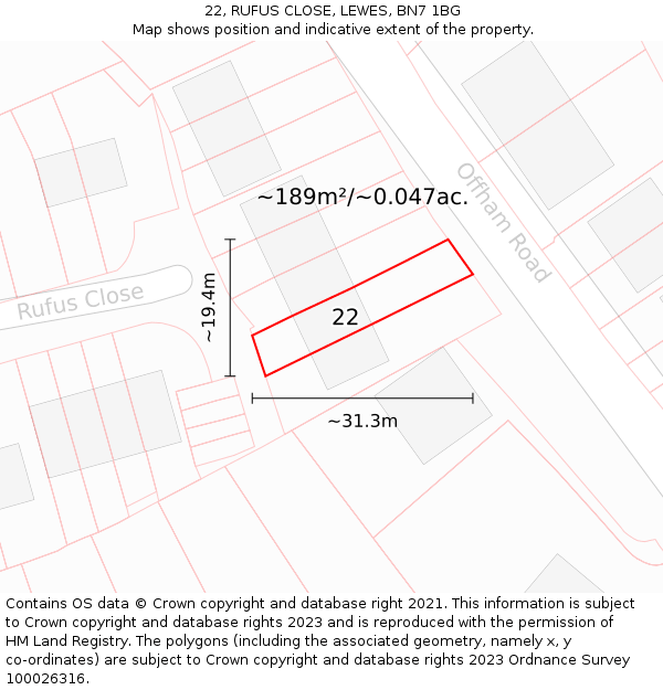 22, RUFUS CLOSE, LEWES, BN7 1BG: Plot and title map