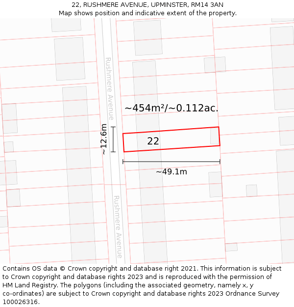 22, RUSHMERE AVENUE, UPMINSTER, RM14 3AN: Plot and title map