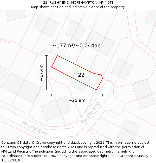 22, RUSHY END, NORTHAMPTON, NN4 0TE: Plot and title map