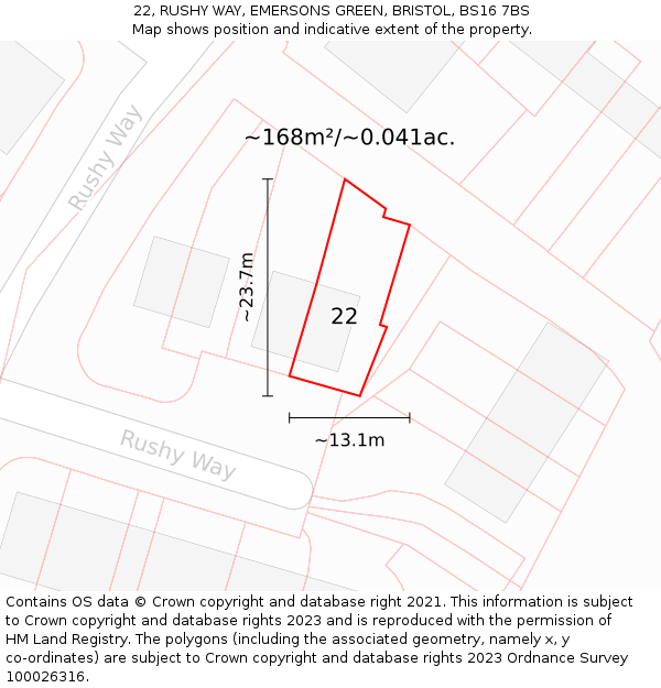 22, RUSHY WAY, EMERSONS GREEN, BRISTOL, BS16 7BS: Plot and title map