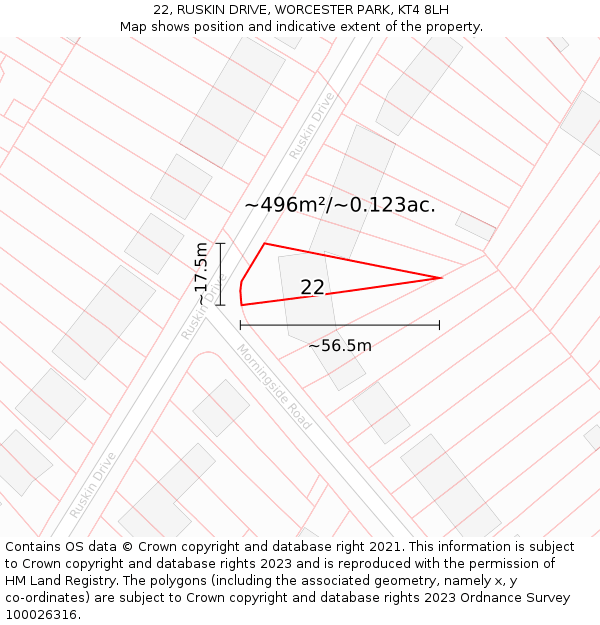 22, RUSKIN DRIVE, WORCESTER PARK, KT4 8LH: Plot and title map