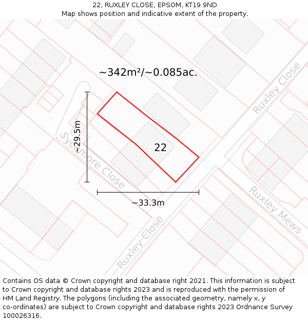 22, RUXLEY CLOSE, EPSOM, KT19 9ND: Plot and title map
