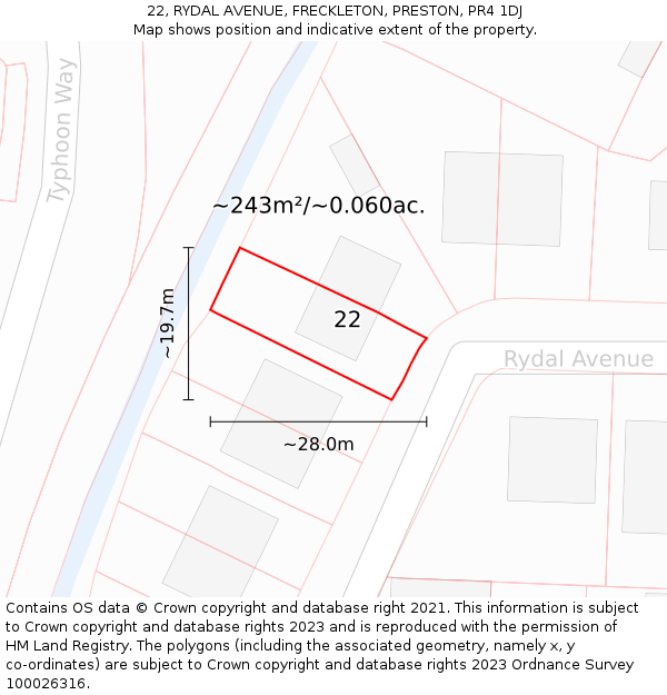 22, RYDAL AVENUE, FRECKLETON, PRESTON, PR4 1DJ: Plot and title map