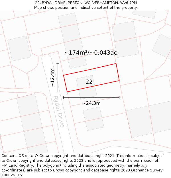 22, RYDAL DRIVE, PERTON, WOLVERHAMPTON, WV6 7PN: Plot and title map